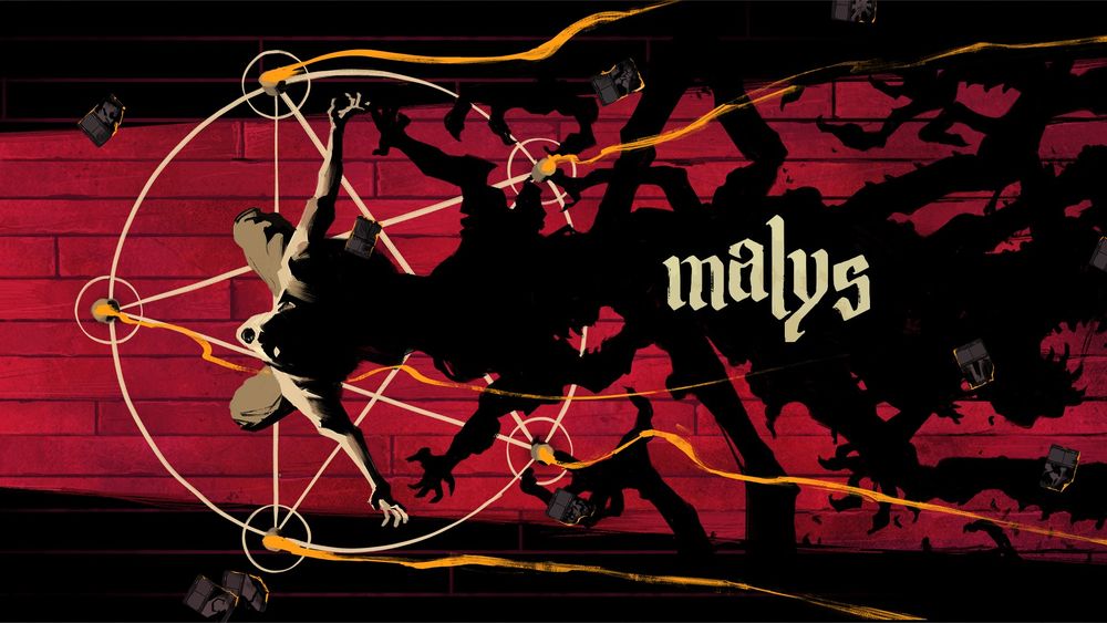 Alt Text: Floorboards are bathed in red light as if from a door, illuminating the front of a figure on their knees. The figure sits in the centre of a pentagram of candles, arms outstretched, mouth wide and face obscured. The flames from the candles billow in ribbons across the frame. The shadow cast by the figure is demonic with unholy limbs grasping painfully. Small singed cards float in the air around the figure. Text in the shadow reads ‘Malys’.
