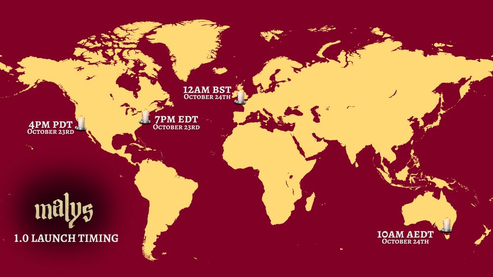 A map that has release times for PDT/EDT/BST/AEDT.

They read:
4pm PT Oct 23
7pm ET Oct 23
10am AEDT Oct 24
12am BST Oct 24