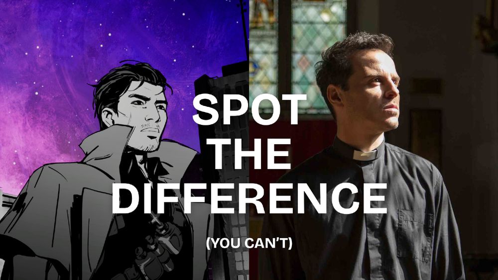 Two images side by side, one of the character Noah from Malys and the second of the hot priest from Fleabag. Text reads: Spot the difference (you can't).
