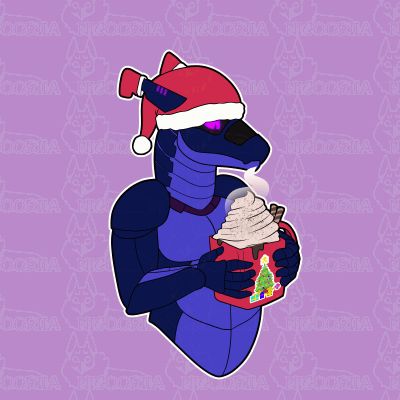 Animation of a blue synth, a robotic, lizard-like anthropomorphic creature, wearing a santa hat, and a stocking on each of their horn-like antennae. They are holding a large, quadrilateral, red mug of cocoa with a heaping mound of whipped cream, two chocolate straws, and a sprinkling of cocoa or spices. In short intervals, they hold the mug closer to their face and close their light up purple eyes, appreciating the smell and warmth of their drink. There is a pixelated art of a Christmas tree on one side of the mug. #nicooriiart