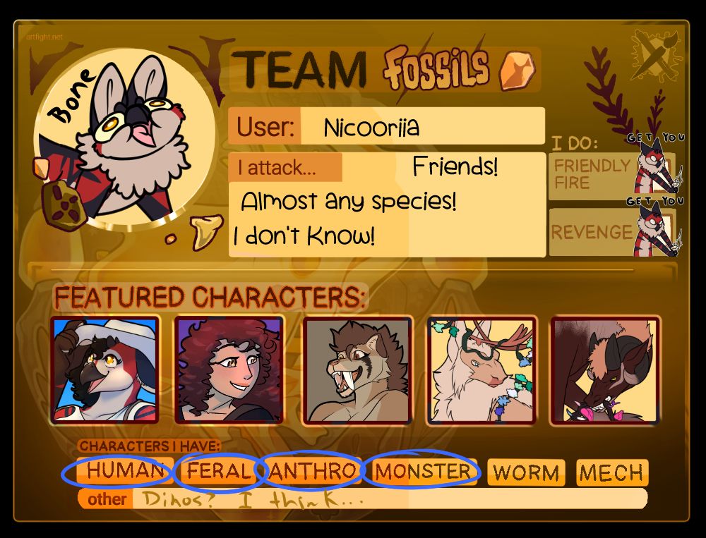 Artfight Team Fossil card with Nicooriia (red and black beaked fox-like creature), Lyra the human, Ly'rai the smilodon, and two horse-like hybrids as the main characters for my art fight. I attack almost anyone. 