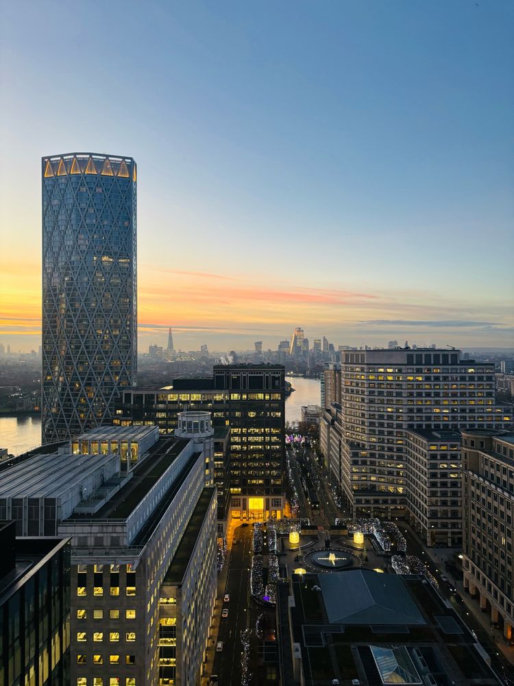 The view of London from Canary Wharf at sunset  