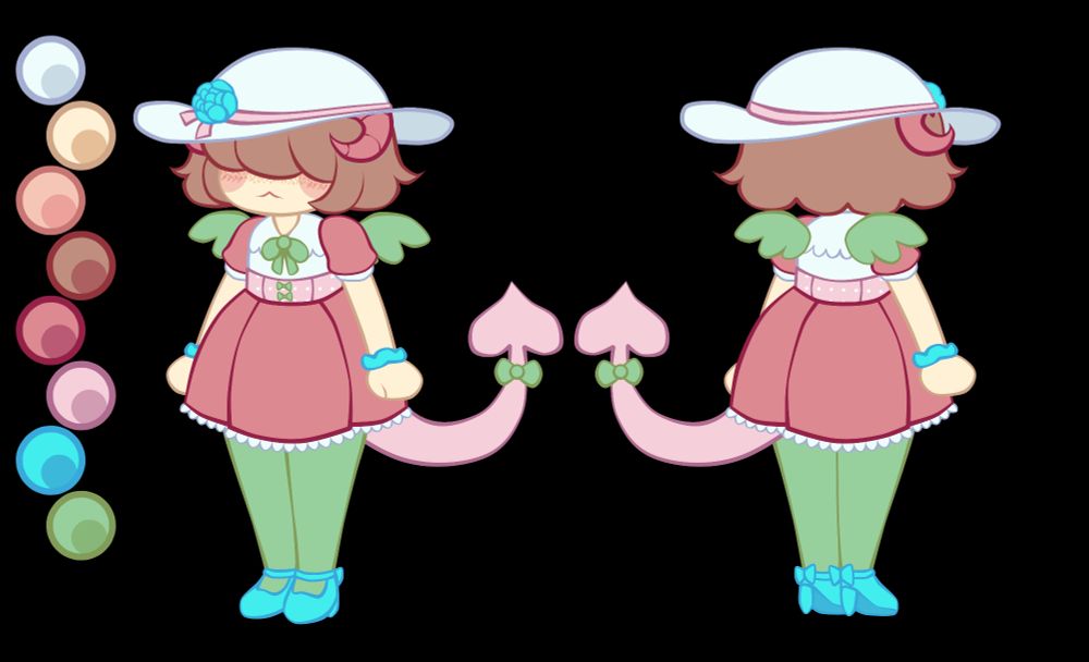 Two full-body drawings of a demon boy in frilly pink clothing, showing an angled front view and an angled back view. Colors are provided to the side in cute bubbles.