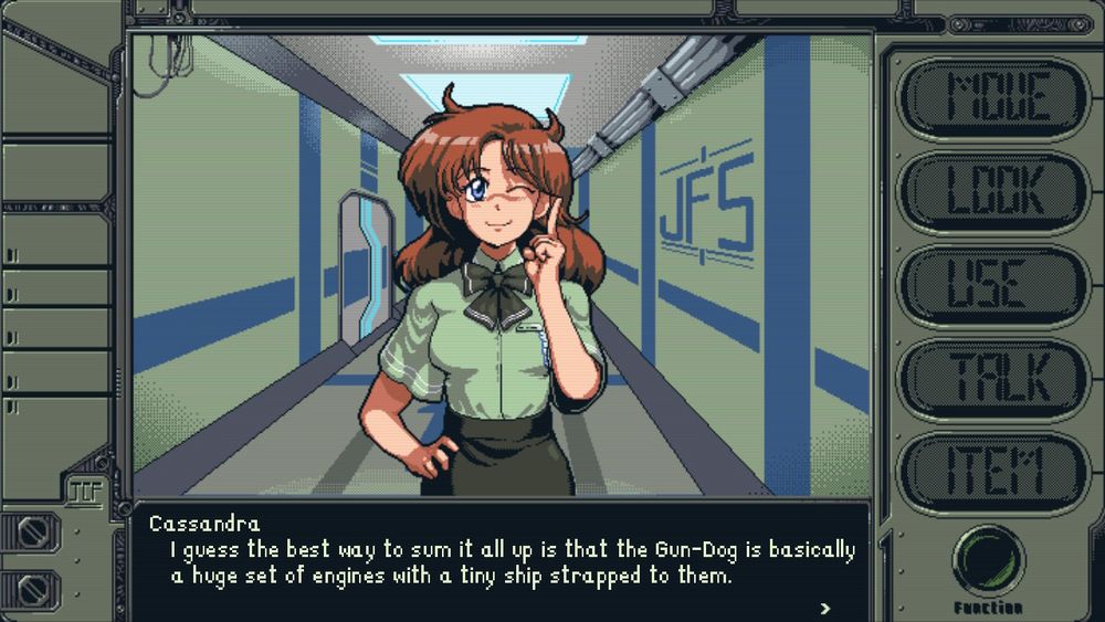 A screenshot from Stories from Sol: The Gun-Dog with Cassandra standing in a hallway. She says:
"I guess the best way to sum it all up is that the Gun-Dog is basically a huge set of engines with a tiny ship strapped to them."