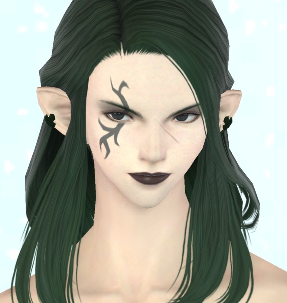 A gpose from FFXIV. It depicts Thorne, the Warrior of Light, a green-haired Duskwight Elezen woman with fair skin, dark lips, and a black, thornlike tattoo over her right eye. She has a scar across the opposite side of the bridge of her nose. Her eyes are dark, and piercing, to match her dark expression.