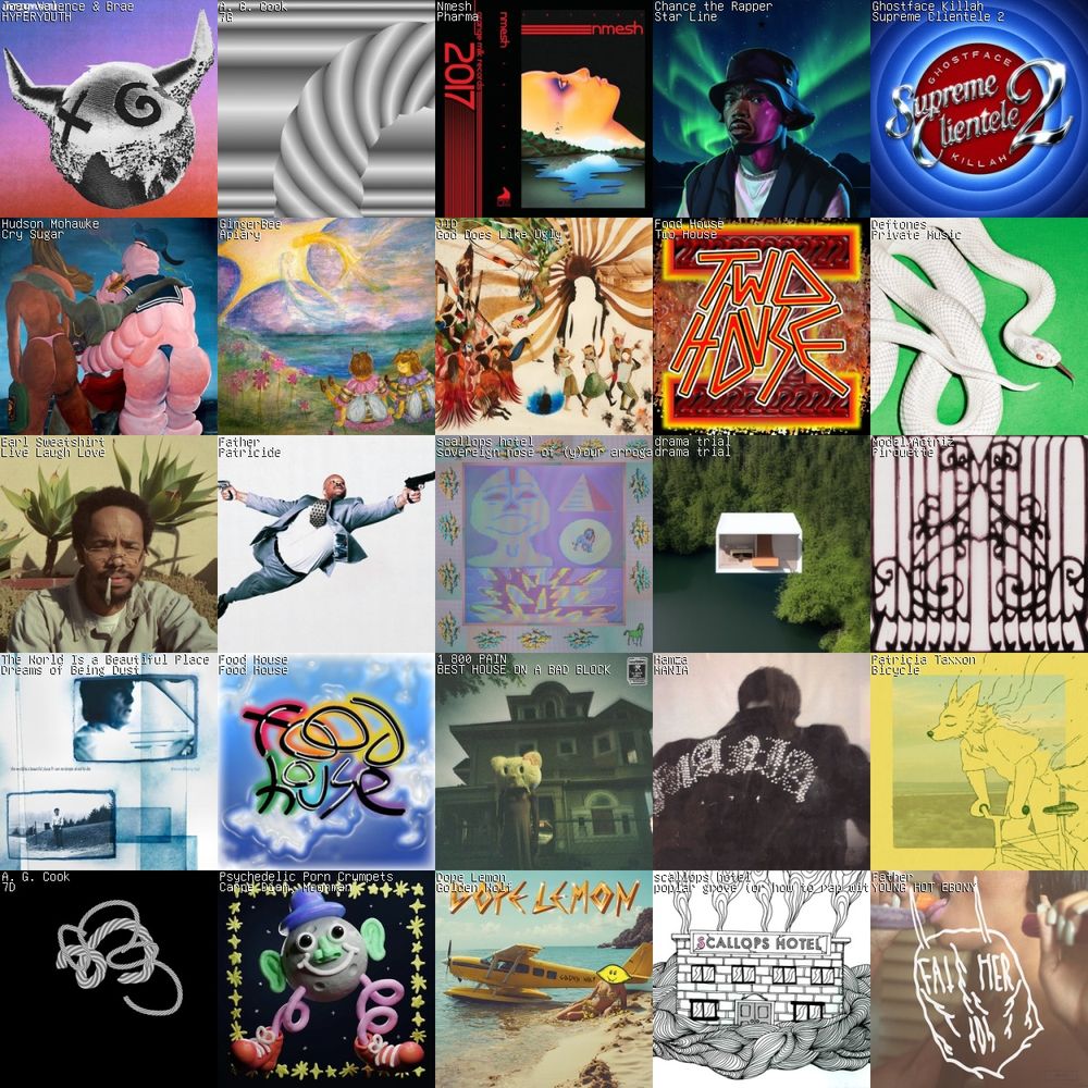 A 5x5 grid of what albums I've listened to in the last 7 days, including:
Joey Valence & Brae - HYPERYOUTH
A.G. Cook - 7G
Nmesh - Pharma 
Chance the Rapper - Star Line
Ghostface Killah - Supreme Clientele 2
Hudson Mohawke - Cry Sugar 
Gingerbee - Apiary 
JID - God Does Like Ugly 
Food House - Two House 
Deftones - Private Music
Earl Sweatshirt - Live Laugh Love 
Father - Patricide
scallops hotel - sovereign nose of (y)our arrogant face 
drama trial - drama trial 
Model/Actriz - Pirouette 
The World Is A Beautiful Place And I Am No Longer Afraid To Die - Dreams Of Being Dust 
Food House - Food House 
1 800 PAIN - BEST HOUSE ON A BAD BLOCK
Hamza - MANIA 
Patrcia Taxxon - Bicycle 
A.G. Cook - 7D 
Psychedelic Porn Crumpets - Carpe Diem, Moonman
Dope Lemon - Golden Wolf
scallops hotel - poplar grove (or how to rap with a hammer)
Father - YOUNG HOT EBONY