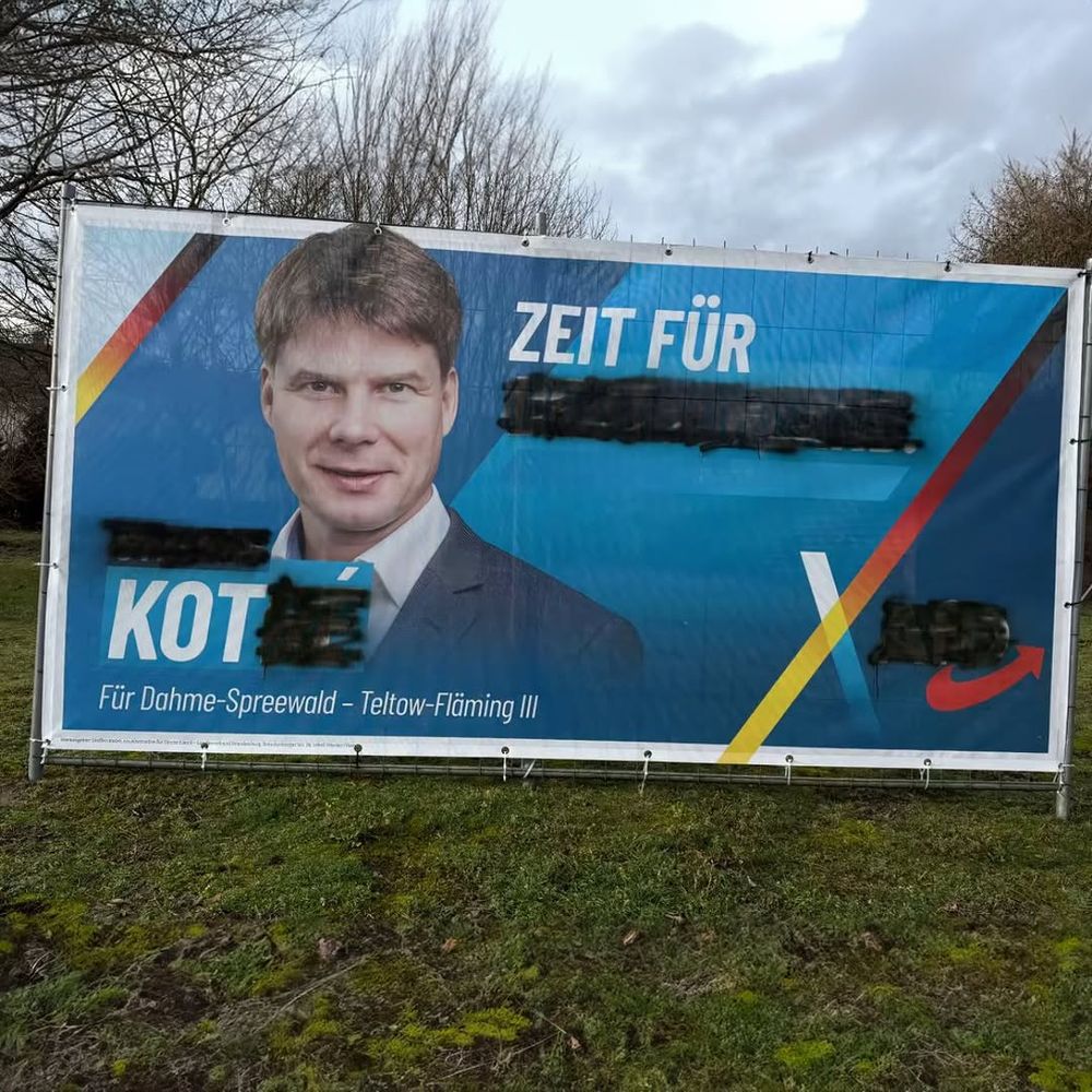 Ein verändertes AfD-Wahlplakat. Statt des eigentlichen Slogans steht dort nun: "Zeit für Kot". Die anderen Buchstaben wurden übermalt.