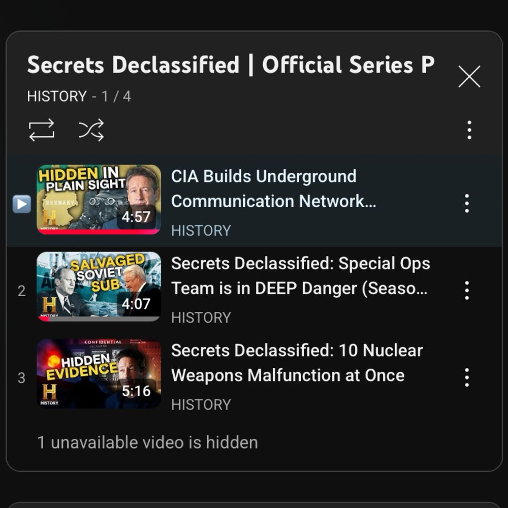screen shot of YouTube listing video clips of Secrets Declassified showing 4 videos but 1 is hidden. 