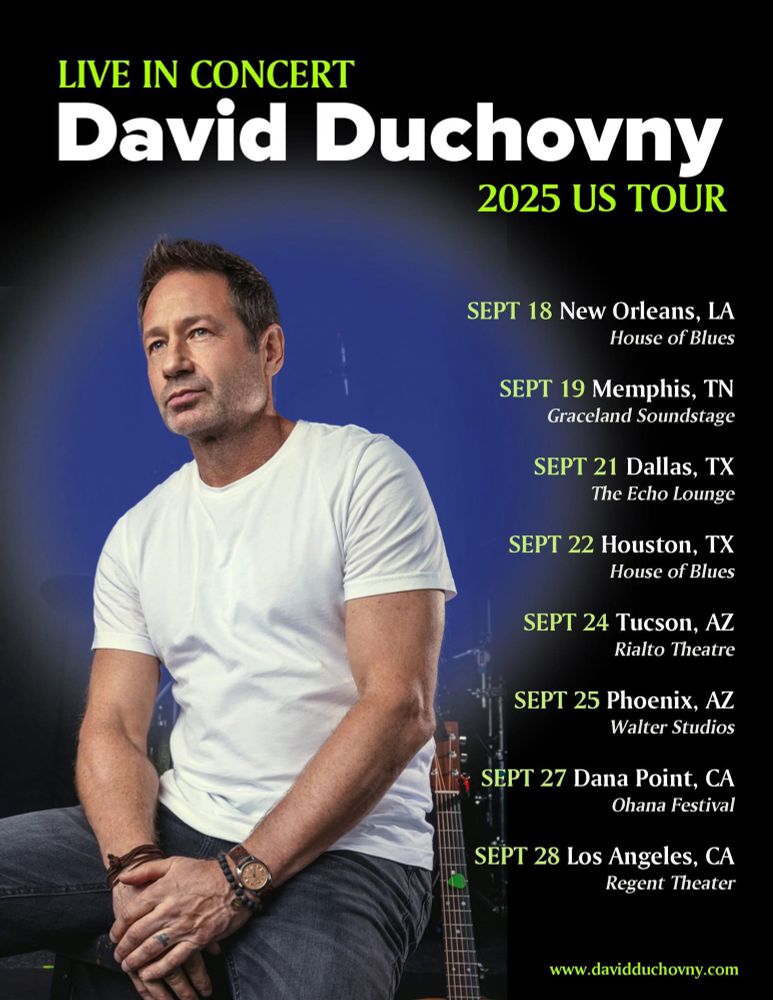 Promo graphic for David Duchovny tour 2025 with him sitting in a white tee and dates in September. 