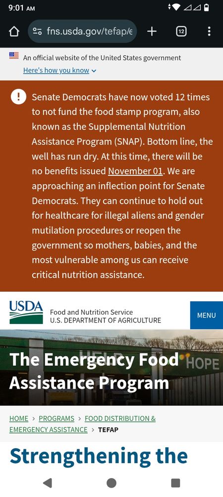 Senate Democrats have now voted 12 times to not fund the food stamp program, also known as the Supplemental Nutrition Assistance Program (SNAP). Bottom line, the well has run dry. At this time, there will be no benefits issued November 01. We are approaching an inflection point for Senate Democrats. They can continue to hold out for healthcare for illegal aliens and gender mutilation procedures or reopen the government so mothers, babies, and the most vulnerable among us can receive critical nutrition assistance.