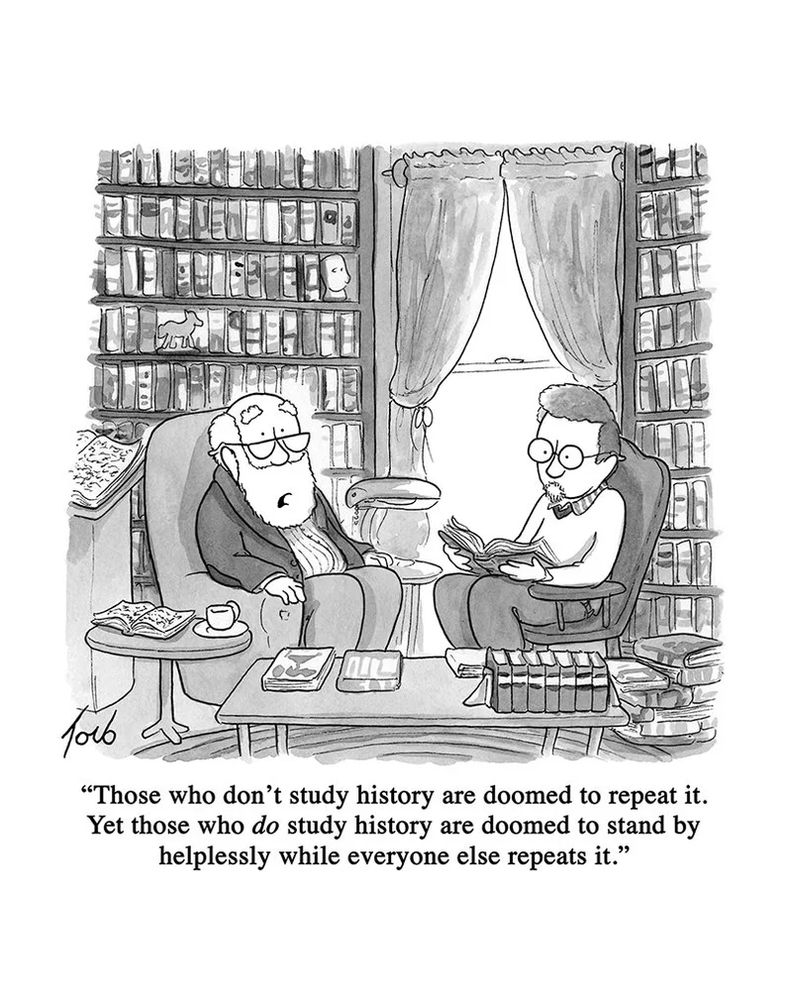 New Yorker style cartoon by Tom Toro (may even be from New Yorker!) Two white men with beards and glasses, sitting in a private library, one older, one younger. Younger is looking at book, older saying...
"Those who don't study history are doomed to repeat it. Yet those who _do_ study history are doomed to stand by helplessly while everyone else repeats it."

image source:
https://i.etsystatic.com/14338826/r/il/568743/1826245439/il_794xN.1826245439_74qv.jpg

