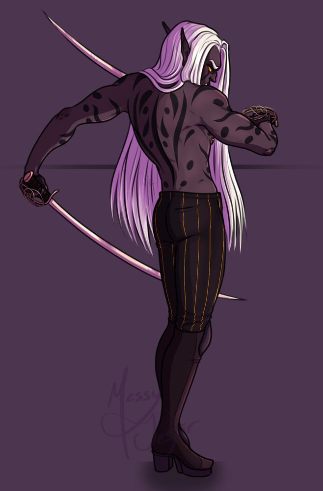 A tall elven-looking man stands with his back turned to the viewer, glancing over his shoulder slightly whilst dual-wielding two sabers. He has a lean build with a thin waist and strong arms. He has very long white hair reaching past his hips, dark gray skin, black tattoos creating a sparse pattern all over his body, and glowing golden eyes. He is dressed in only a pair of pinstripes pants and knee-high thick-heeled boots, showing off the tattoos all across his back and around his arms. He is cast in a faint purple glow and stands out against a deeper mauve background, a darker horizontal stripe striking across the middle.