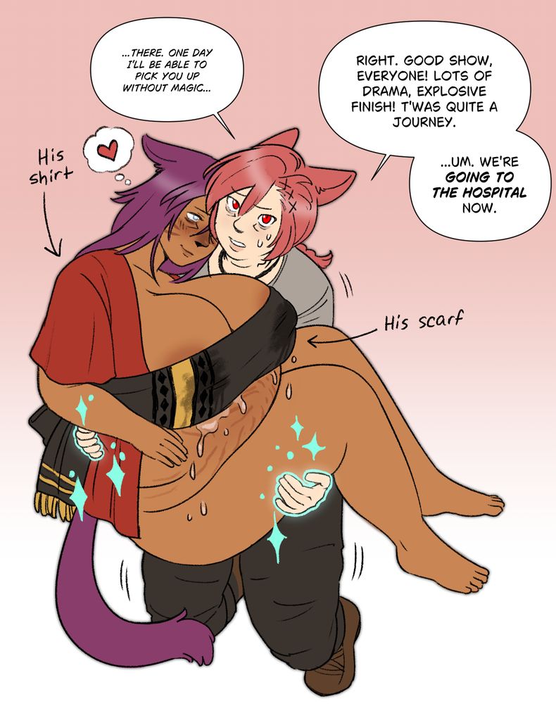 An illustration of T-kun, having given birth not too long prior, being princess carried by his partner, a soft-faced and red-haired catboy (and also an existing NPC in their MMORPG of origin). His partner has covered T-kun's nudity with his own outerwear (an open shirt and scarf around his breasts). He picks up T-kun using magic, though is still struggling to lift him. He looks up to the camera with a worried expression, while T-kun looks up at him with a tired smile. His partner says quietly, "...There. One day I'll be able to pick you up without magic..." before continuing to the viewer, "Right. Good show, everyone! Lots of drama, explosive finish! T'was quite a journey. ...Um. We're going to the hospital now."
