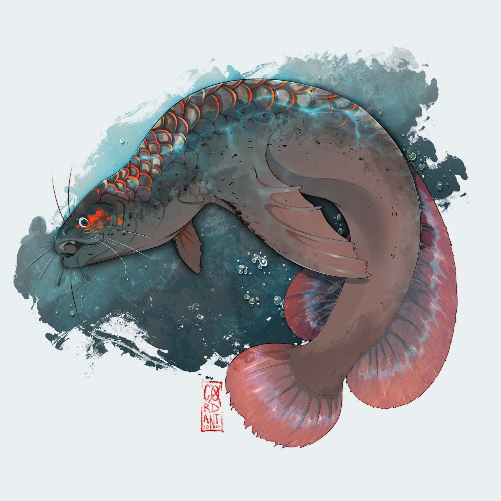 A mythical fish/seal hybrid with a grey seal speckled body, arapaima coloration and fins, and a trout-like head. It swims on a haphazardly painted dark gradient waterway with bubbles.