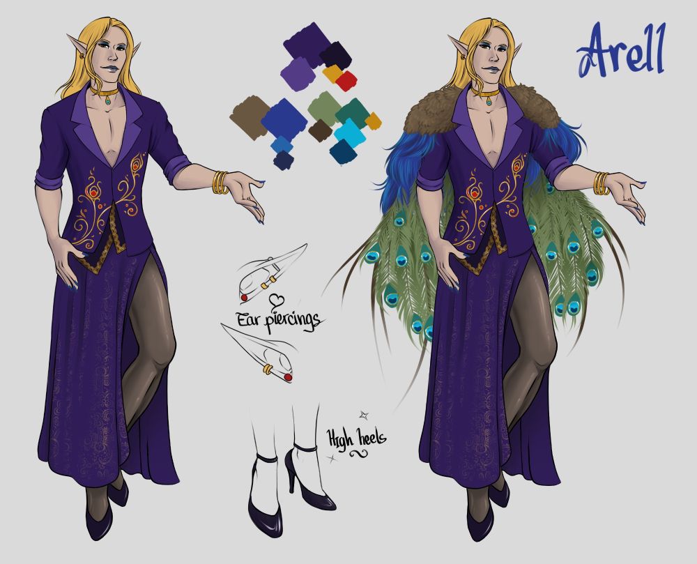 Reference sheet for Arell's gala outfit. Arell is a white enby person with blonde hair with ling elf ears.
They wear a purple outfit with a top like a suit jacket with no shirt underneath and gold and red embroidery reminding of peacock feathers. They also wear a long, opened purple skirt with gold shimmers, dark stockings and purple/black high heels shoes, and golden bracelets
On the right side of the picture is the same outfit with a brown, royal blue and green cloak made of peacock feathers
