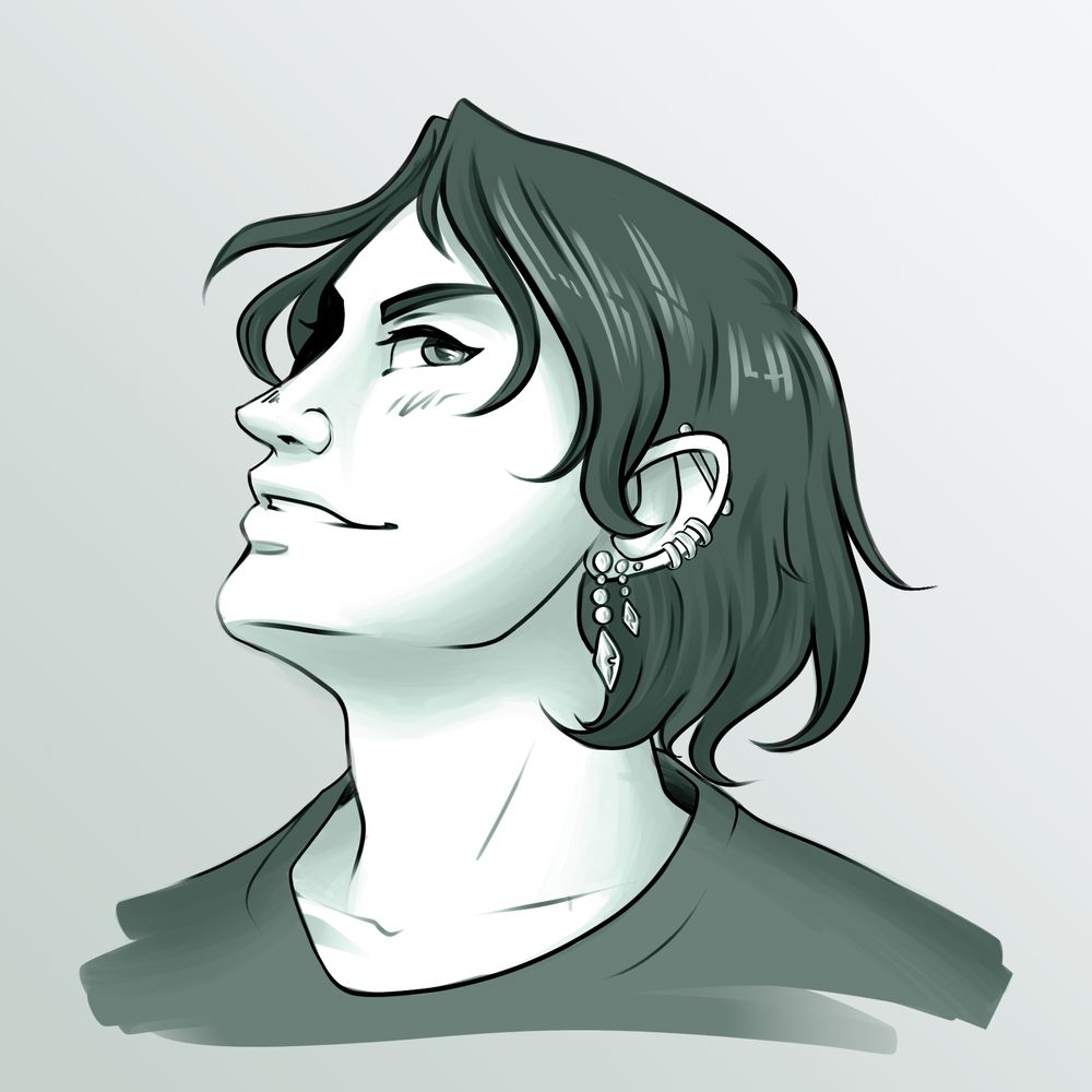 Monochrome portrait of a young man with dark hair and many many piercings on his ear