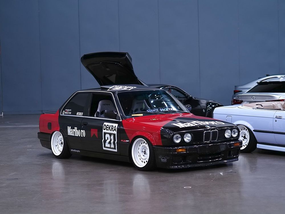 Red and black BMW with Marlboro branding