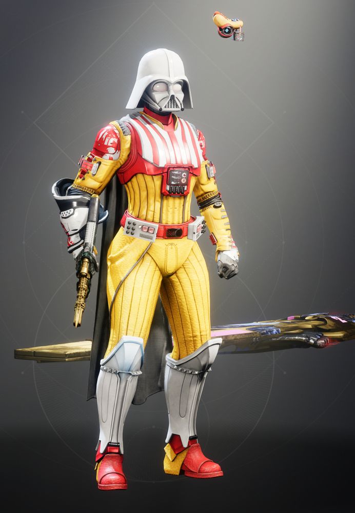 Darth Vader re-colored with a shader from Destiny 2 to more closely resemble Ronald McDonald; bright yellow, with red and white accents instead of all black.