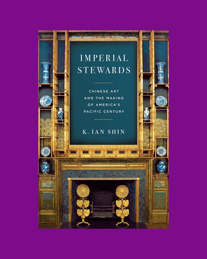 Cover of Imperial Stewards, with ornate shelves displaying blue porcelain vases.