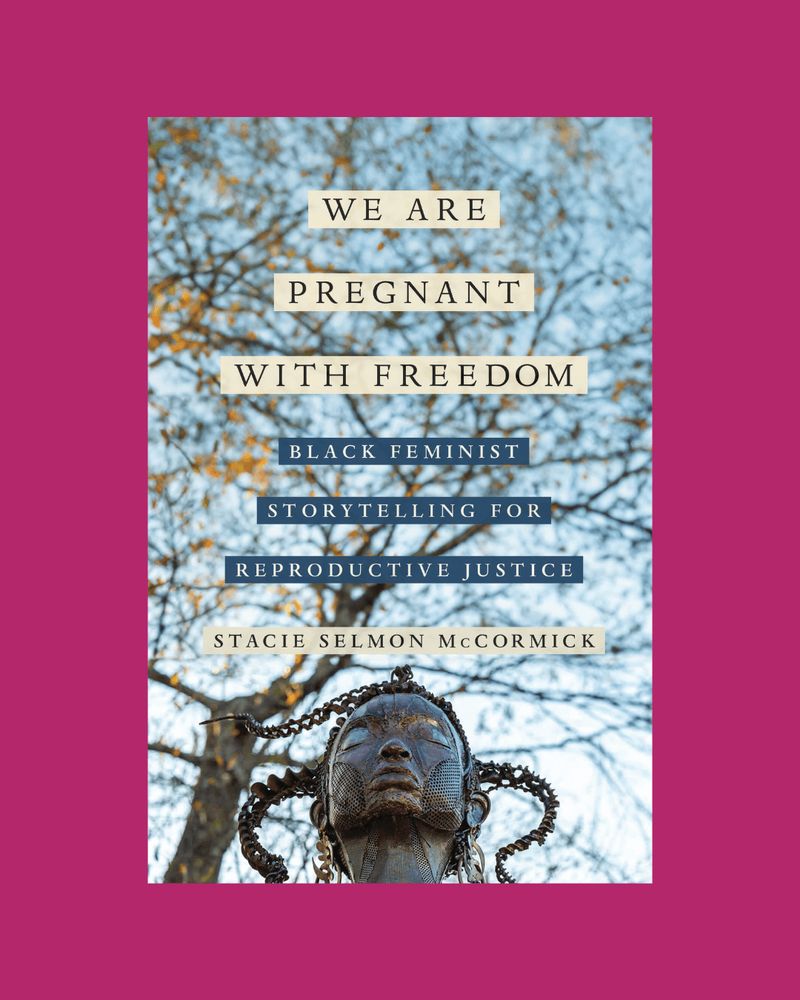 Cover of We Are Pregnant with Freedom, with a metal statue of a woman with braids looking up to the trees.