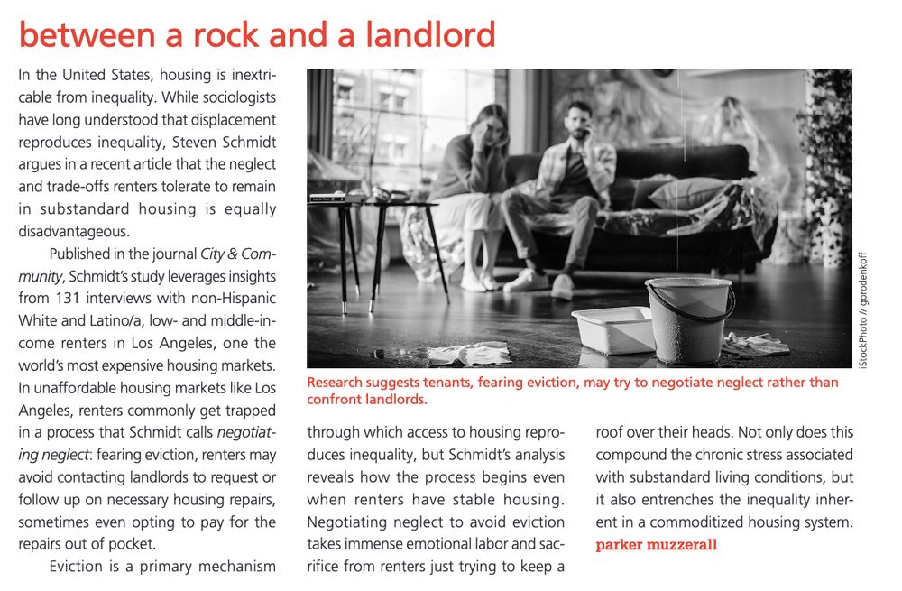A screenshot of Contexts magazine shows a short article titled "Between a Rock and a Landlord" and authored by Parker Muzzerall. The article summarizes research, published in the journal City & Community, about negotiating neglect, or the stressful ways renters put up with deterioration in order to avoid evoking the ire of a landlord and risking eviction.