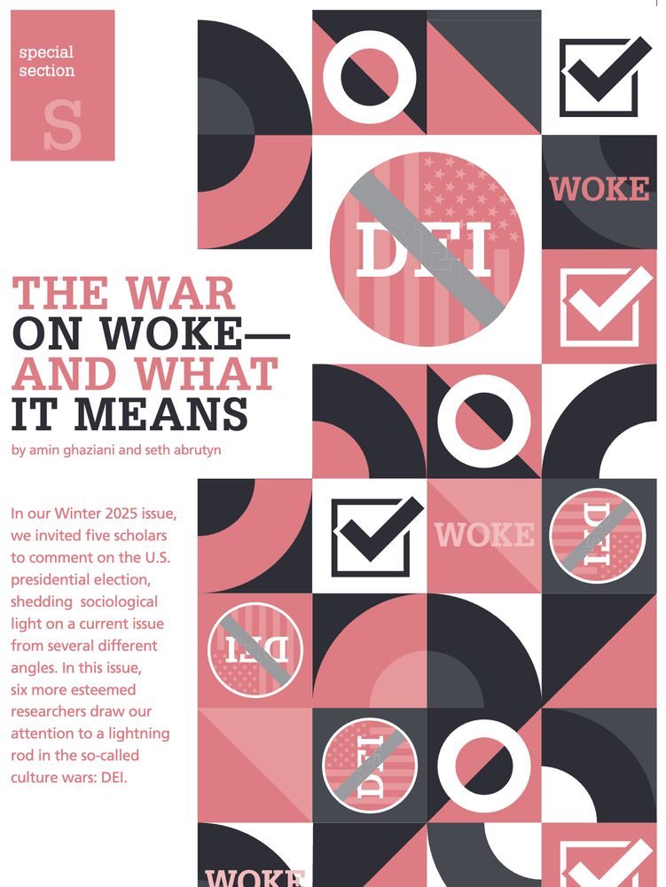 The title page of a special section in Contexts Magazine titled "The War on Woke--and What It Means," with the introductory byline Amin Ghaziani and Seth Abrutyn. The image, which has a pink, black, gray, and white color scheme, shows the phrase DEI and the word woke crossed out. The text reads: In our Winter 2025 issue, we invited five scholars to comment on the U.S. presidential election, shedding sociological light on a current issue from several different angles. In this issue, six more esteemed researchers draw our attention to a lighting rod in the so-called culture wars: DEI [diversity, equity, and inclusion].