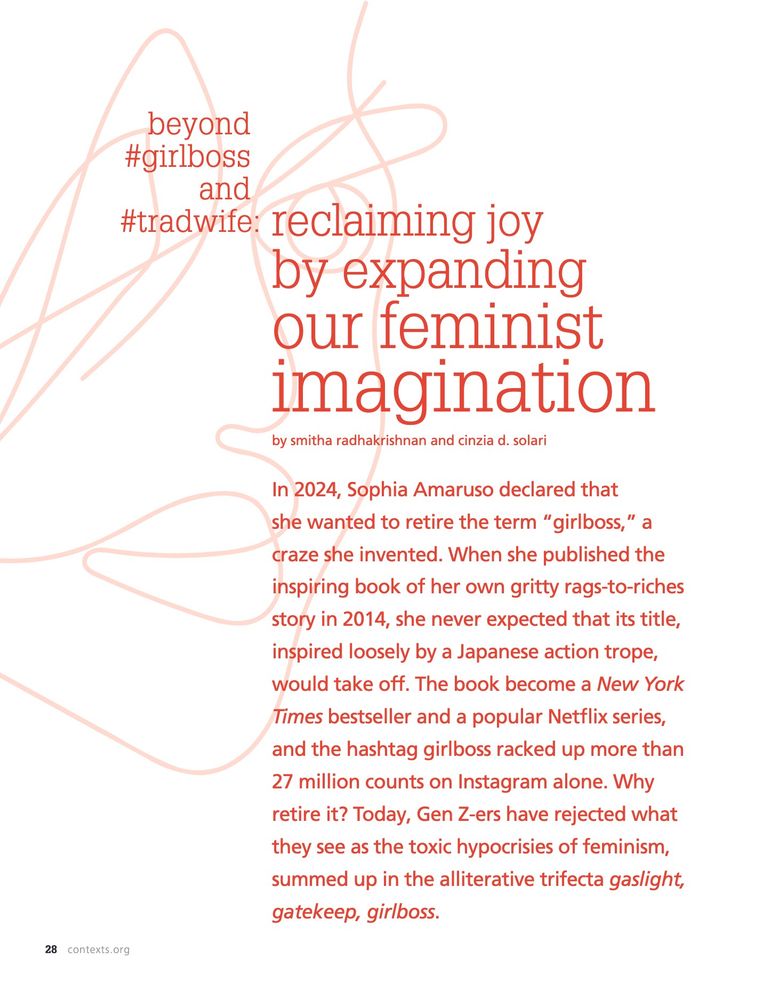 The title page of the article "Beyond #Girlboss and #Tradwife: Reclaiming Joy by Expanding Our Feminist Imagination," published in Contexts magazine.