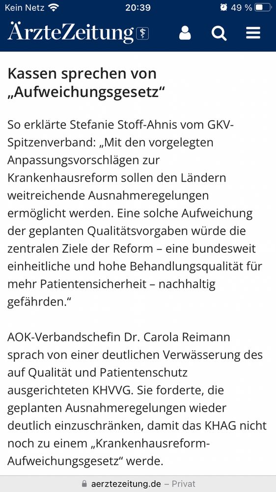 Ausschnitt aus der Ärztezeitung von heute mit Stellungnahmen von Krankenkassen. Überschrift: Kassen sprechen von „Aufweichungsgesetz“