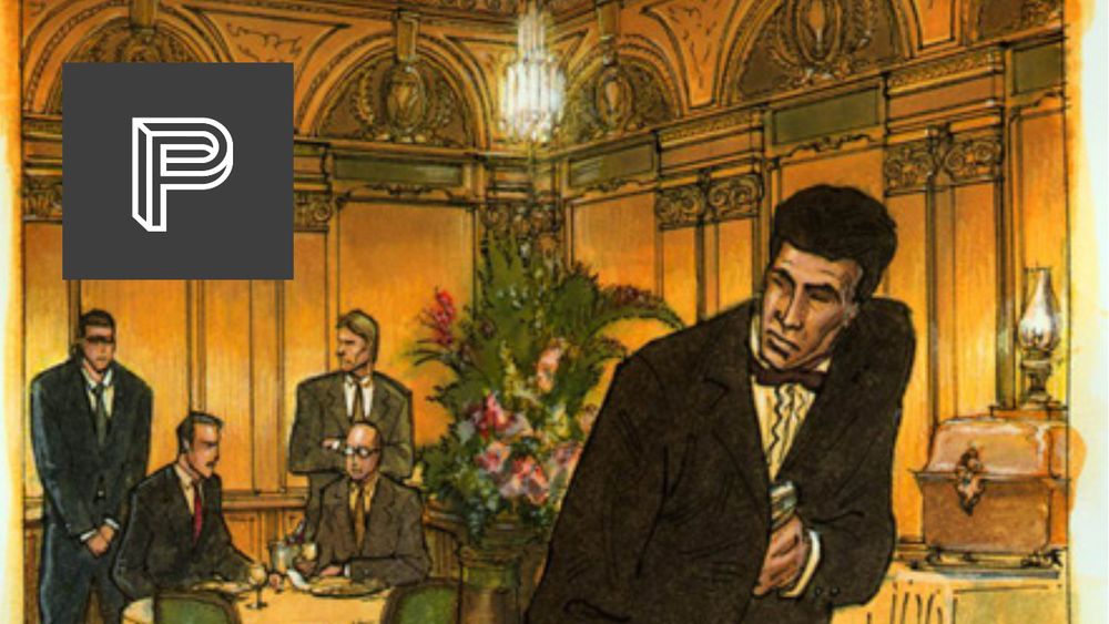 A piece of concept art from the cancelled Looking Glass game Deep Cover, featuring a spy pulling a gun from his jacket in a gilded restaurant.