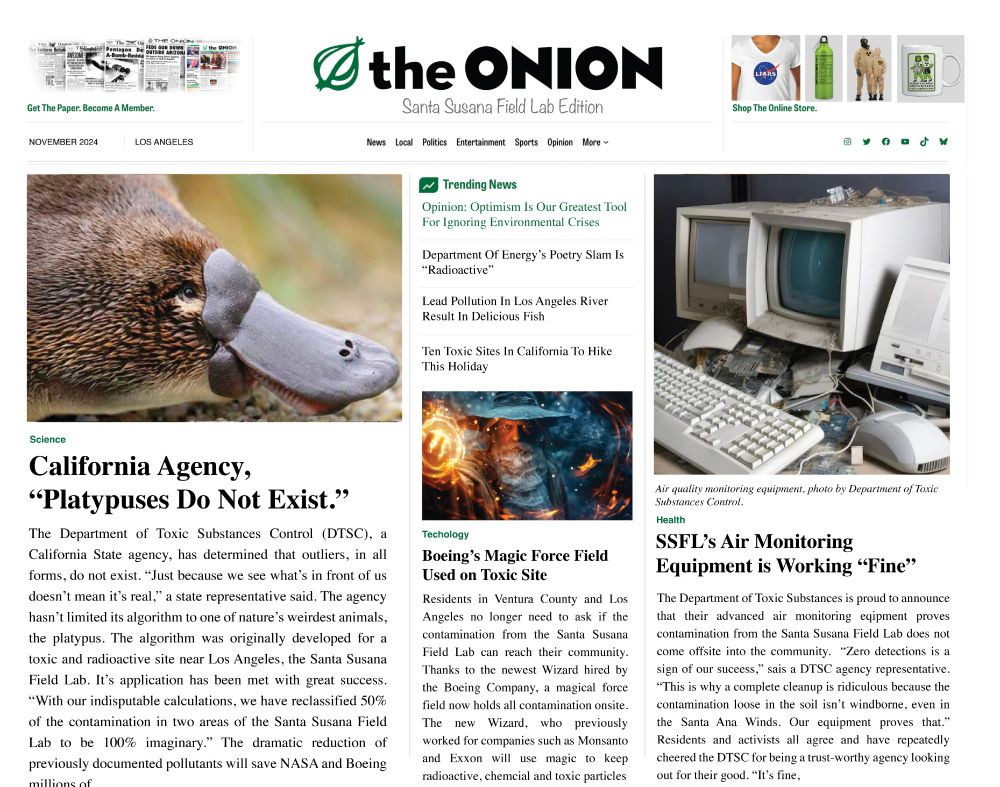 A parody newspaper of the "Onion" detailing the Santa Susana Field Lab