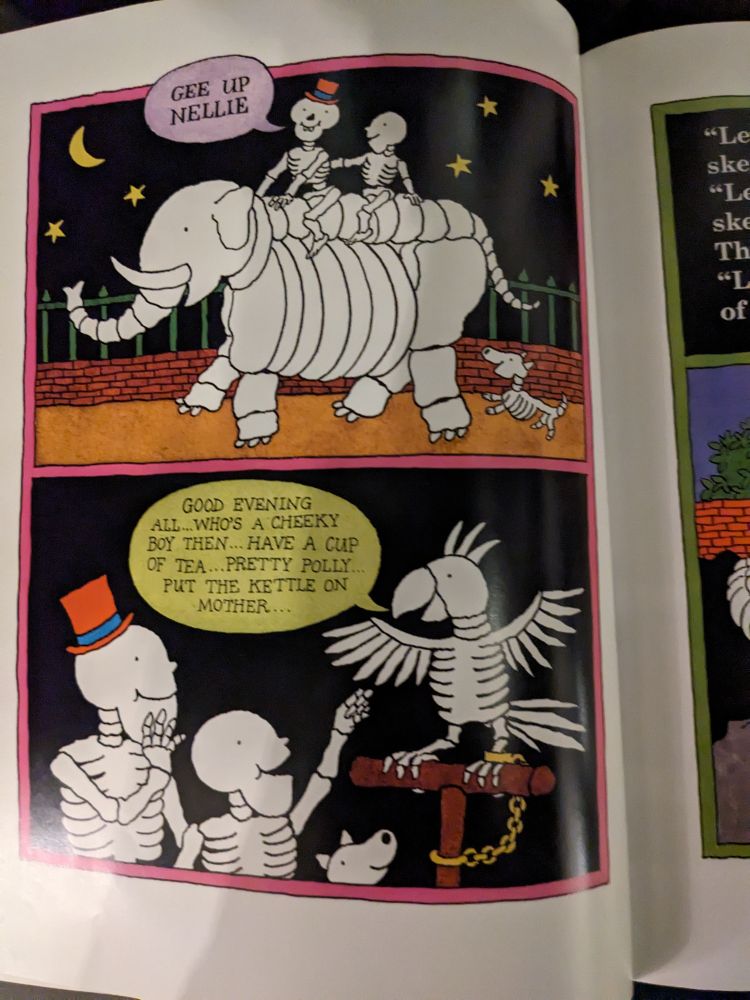 Page from Ahlberg's Funnybones story, showing the skeletons meeting a skeleton elephant with bone ears and a trunk made of vertebrae and a skeleton parrot with bone feathers. 