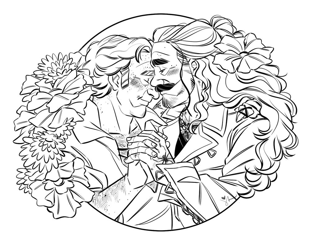 Drawing of Ed and Stede from Our Flag Means Death. They're dancing. Their fingers are intertwined. Stede is tucked in close to Ed's cheek, his eyes are closed. They're both smiling and are framed by flowers.