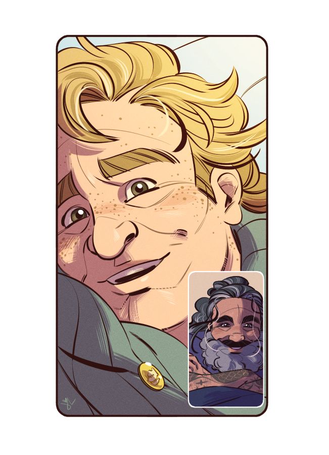 Drawing of Ed and Stede from Our Flag Means death. It's set in a modern AU in which they both play Animal Crossing New Horizons. It's picture in picture as they talk on the phone. Ed is in the little corner window. He's leaning on his folded arms, eyes sparkling while he smiles. Stede is in the big window on his back and smiling, sinking into his plush green sweater with a little Animal Crossing airport button.