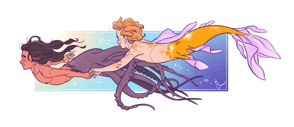 Drawing of young Ed and Stede from Our Flag Means Death. Ed is half octopus and Stede is a merperson. They're swimming somewhere fast, hand in hand.
