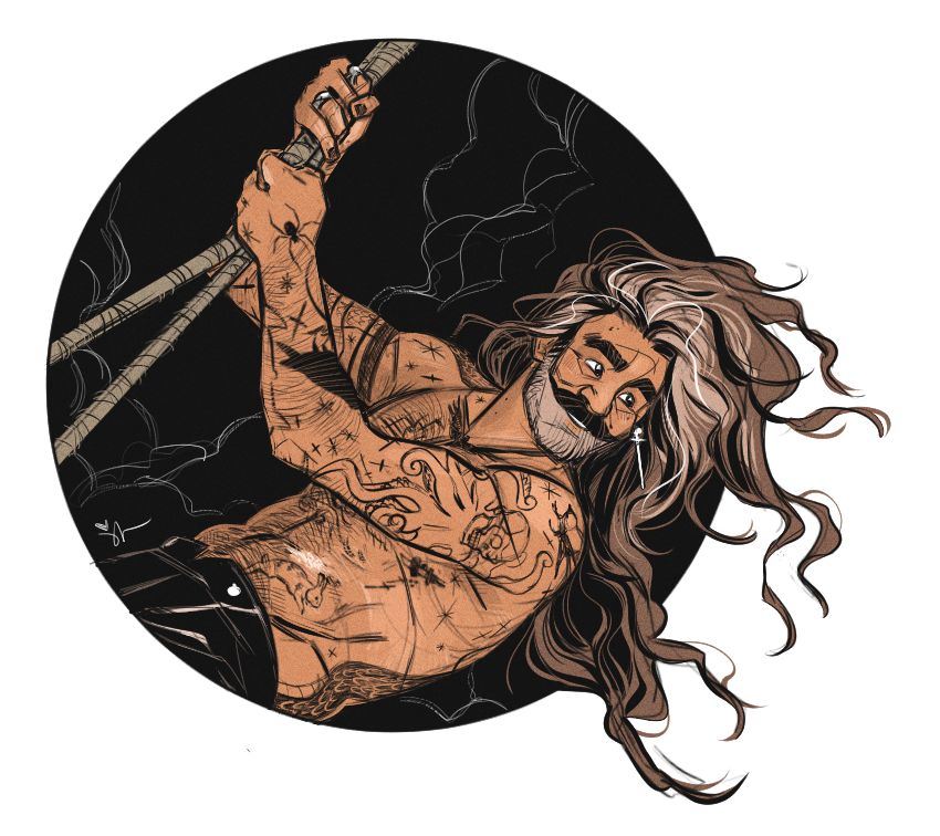 Drawing of Ed from Our Flag Means Death. He's shirtless, hanging from rigging in front of a cloudy sky. He's looking in the direction of something that's making me smile, big and bright. His hair is down and wild in the breeze.
