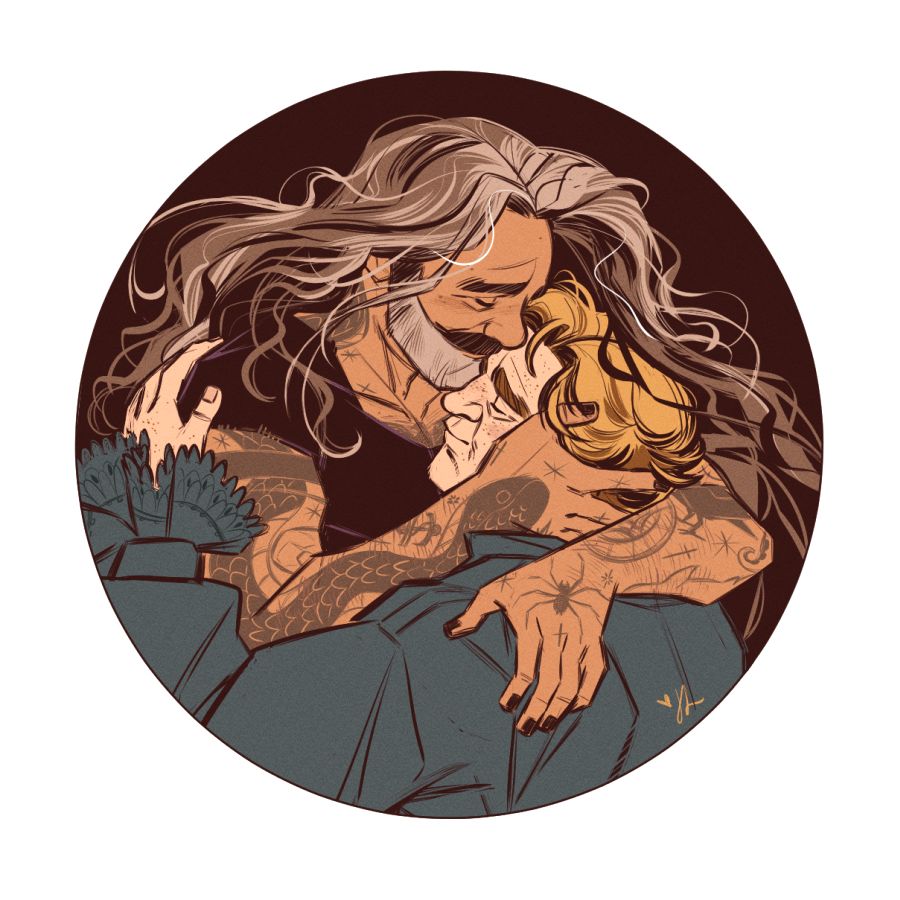 Drawing of Ed and Stede from Our Flag Means Death. Ed is holding Stede with both arms around Stede's neck and back. Stede is craddling Ed with one arm around the back of his shoulder. Ed's lips are resting against Stede's forehead. Ed's hair is down and curtained around the back of Stede's head. Their eyes are closed. They're both calm, content.