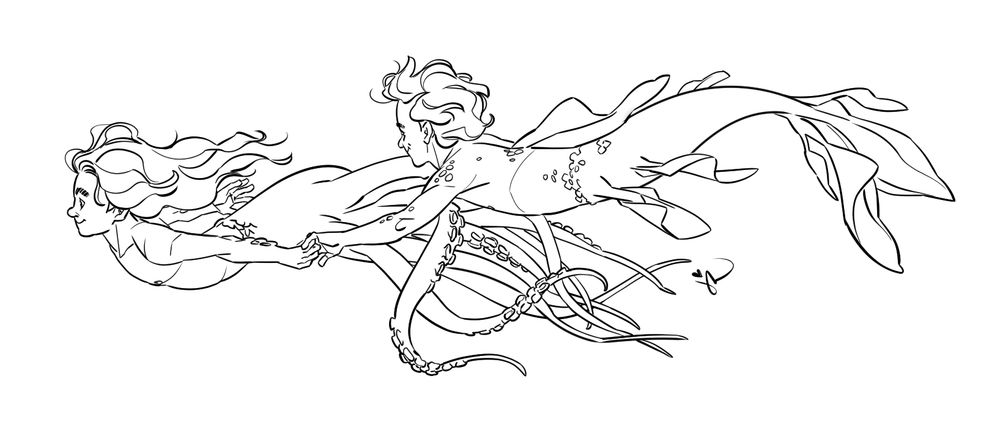 Drawing of young Ed and Stede from Our Flag Means Death. Ed is half octopus and Stede is a merperson. They're swimming somewhere fast, hand in hand.