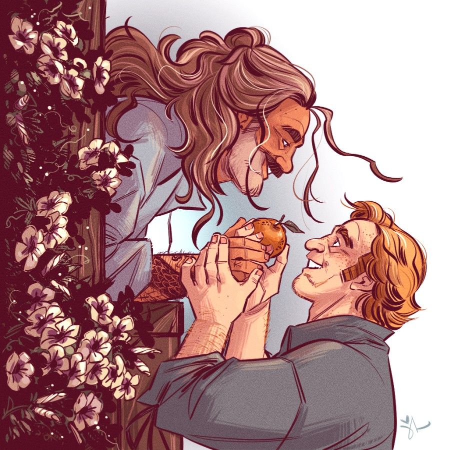 Drawing of Ed and Stede from Our Flag Means Death. Ed is above Stede, hanging over a window ledge while Stede hands him an orange. There's a mass of climbing vine flowers around Ed. They're smiling adoringly at each other. It's gross.