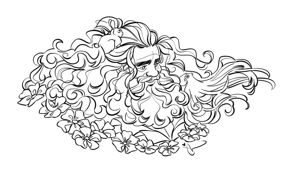 Drawing of Ed from Our Flag Means Death. His smiling face is surrounded by fluffy curly hair. There's a bunny with a long flowing hair tail sitting on top of his head. There's  flowers framing him.