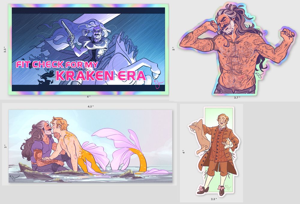 Collection of drawings of Ed and Stede from Our Flag Means Death. Top left going clockwise: Ed riding the Revenge's unicorn masthead, Ed having a big shirtless stretch, Ed and MerStede on the beach, Stede with his treasure map.