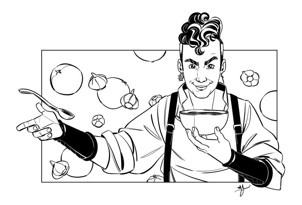 Drawing of Jim from Our Flag Means Death. They're holding a soup bowl and spinning a spoon like a knife in their other hand.