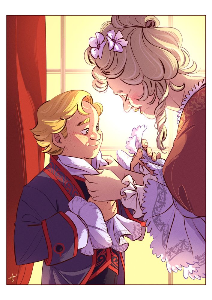 Drawing of a young Stede from Our Flag Means Death. His mother is adjusting his cravat while smiling down at him. Little Stede is touching the lace on her sleeve. He looks admiring and comforted. They're both backlit by warm yellow light.