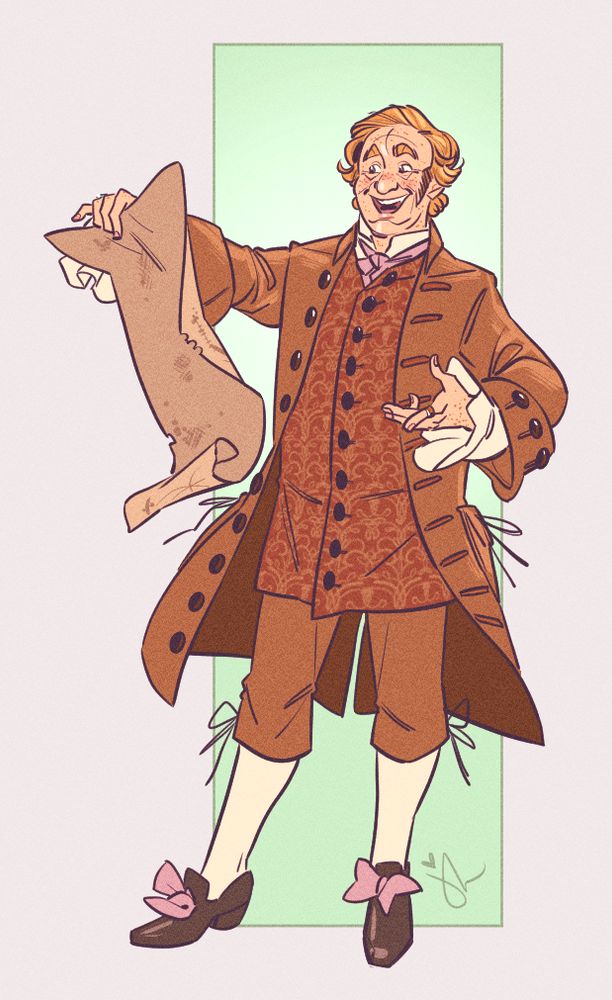 Drawing of Stede from Our Flag Means Death. He's wearing a copper suit with frilly sleeves and white stockings. His shoes have little light pink bows on them. He's holding an unrolled map in one hand and gesturing to it with the other. He has a big smile and totally ready for a deeply cool adventure with Ed.