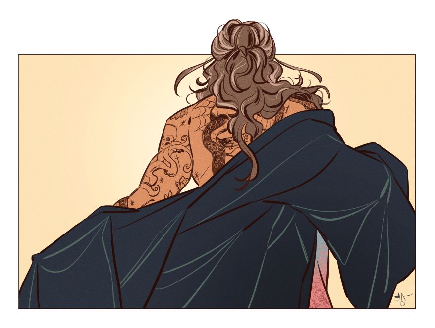 Drawing of Ed from Our Flag Means Death. He's pulling on the blue robe from the morning after Calypso's birthday. His back is turned to the viewer. A sliver of the silk lining is showing.