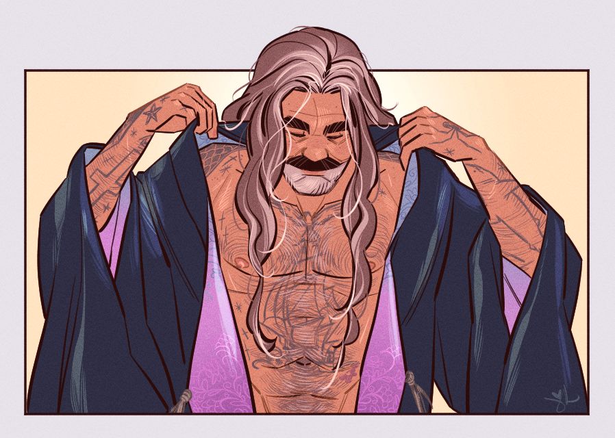 Drawing of Ed from Our Flag Means Death. He's pulling on the blue robe from the morning after Calypso's birthday. He's shirtless underneath it. His ship tattoo on his chest is on full display. The robe's silk lining is showing in the sleeve cuffs and on either side of Ed's chest.