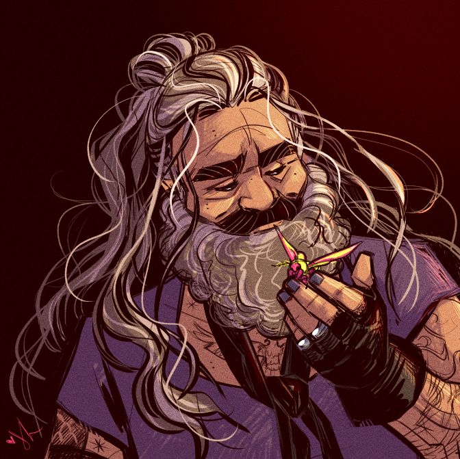 Drawing of Ed from Our Flag Means Death. He's smiling, quiet, eyes down as he looks at a moth hanging out on his fingertips.