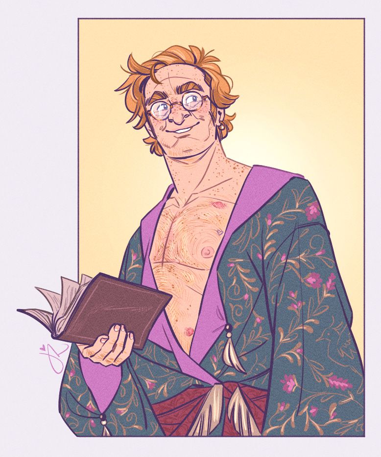 Drawing of Stede from Our Flag Means Death. He's holding an open book. He's wearing little round glasses and a dark teal and pink robe. It's open deep to show his chest. His burn and knife stab scars are visible. There's a tiny tattooed heart above his exposed nipple. Sir, your tit.