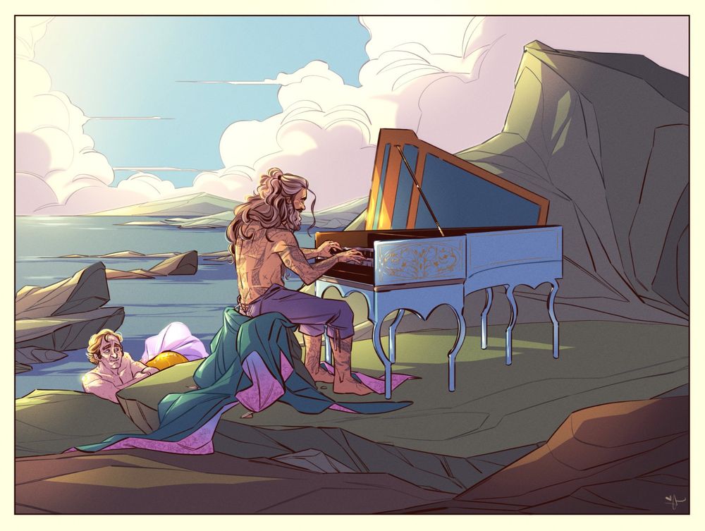 Drawing of Ed and Stede from Our Flag Means Death. Ed is sitting at a harpsichord, which is inexplicably on a rocky beach. He's sitting on top of a dark teal robe while he plays. Stede is nearby, watching him from the water. His sparkly yellow tail and purple-pink fin are only slightly visible. He's smiling at Ed, who hasn't noticed he's being watched by a merman. Ed is shirtless, his "trust no one" back tattoo on full display.