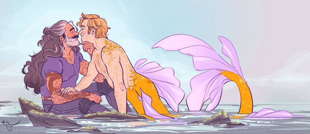 Drawing of Ed and Stede from Our Flag Means Death. Stede is a merman and is leaning over Ed, touching his nose to Ed's and smiling. Ed is dressed in his purple tee and leathers. He's holding one hand under Stede's jaw and smiling. Ed is sitting on rocks in shallow water. Stede is lifting himself out of the deeper water around the rocks, flipping his tail. He's flirting.