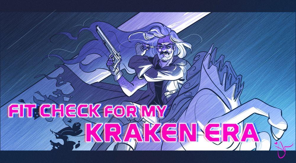 The artist takes full responsibility for this nonsense. Drawing of Ed from Our Flag Means Death. He's wearing a long leather coat, holding a gun, and doing his mascara with the other hand. He's sitting on the headless unicorn figurehead in the rain. The words "fit check in my kraken era" are in bright pink at the bottom of the image. This nonsense is a nod to KPop Demon Hunters.